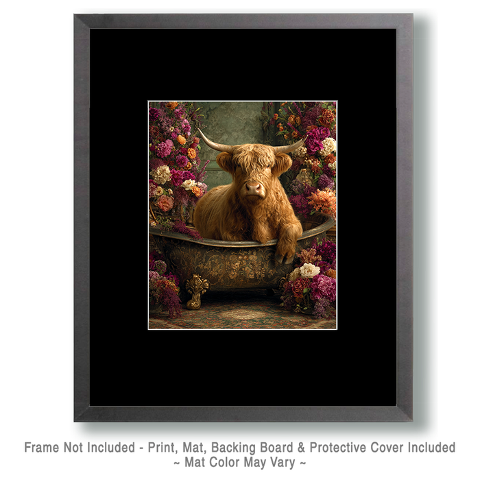 Mowbi - Highland Cow Bathtub Still-Life - Bathroom Art 8"x10" Artwork for 11"x14" Frame