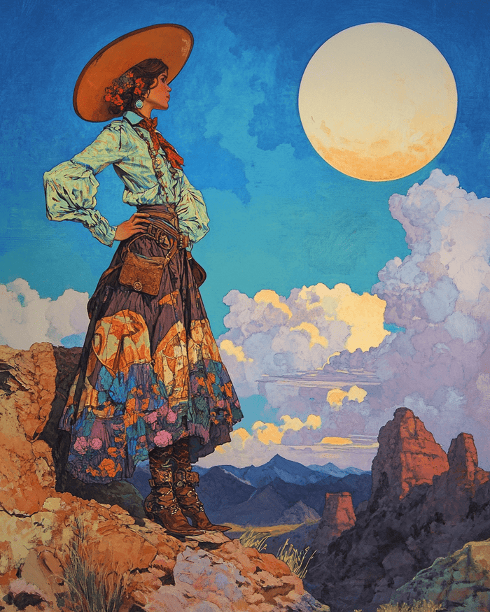 Mowbi - Southwest Full Moon Cowgirl - Wall Art Print - Coastal Cowgirl  8"x10" Artwork - 11"x14" Mat