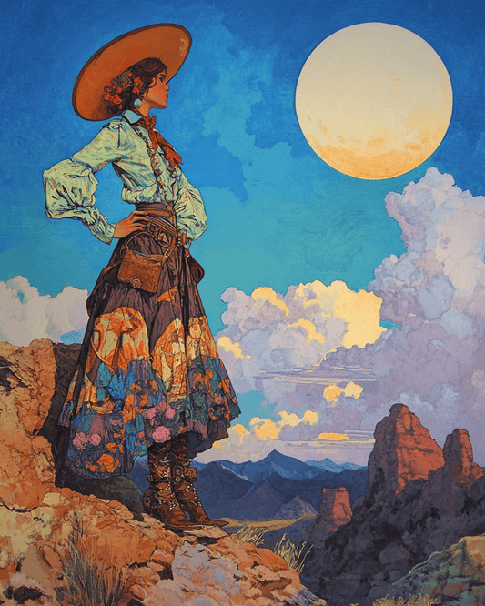 Mowbi - Southwest Full Moon Cowgirl - Wall Art Print - Coastal Cowgirl  8"x10" Artwork - 11"x14" Mat