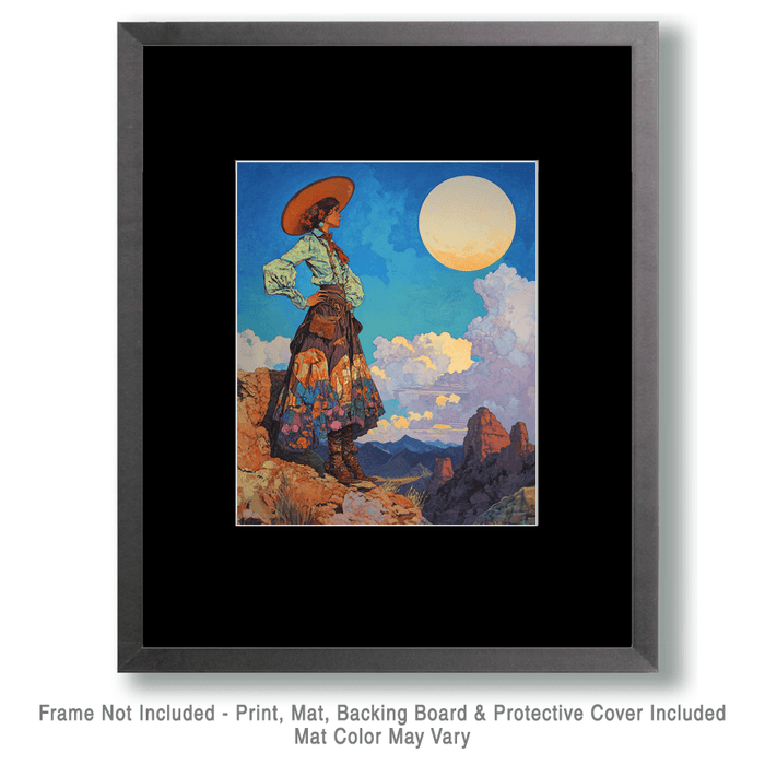 Mowbi - Southwest Full Moon Cowgirl - Wall Art Print - Coastal Cowgirl  8"x10" Artwork - 11"x14" Mat