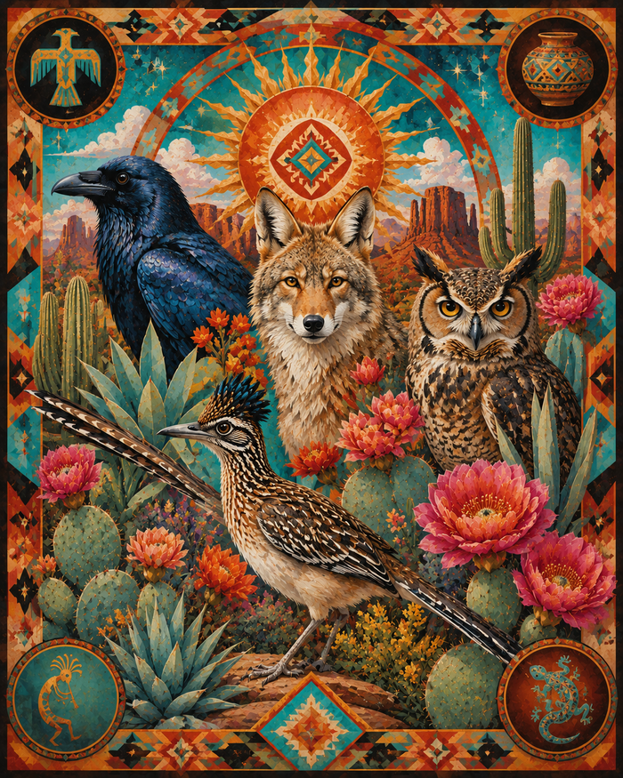 Mowbi - Stylized Southwestern Wildlife Collage Matted Art Print - Wholesale Retail Decor