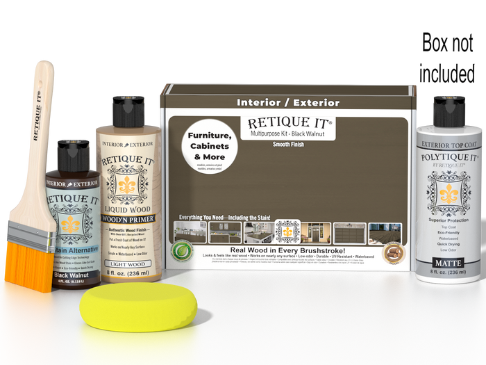 Retique It Black Walnut Kit with box, Matte Polytique It, Light Wood Wood'n Primer, Black Walnut Gel Stain Alternative, paintbrush, and yellow sponge.