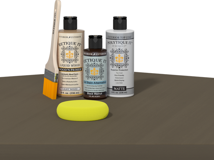 Retique It refinishing kit with Light Wood primer, Black Walnut gel stain alternative, matte Polytique It topcoat, a brush and yellow sponge.