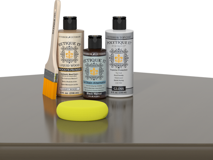Retique It® Black Walnut Brush-On Kit with Gloss PolyTique® includes a brush, Light Wood primer, Black Walnut Gel Stain Alternative, Gloss PolyTique® top coat, and a yellow sponge.