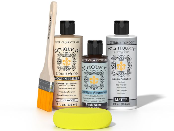 Retique It Black Walnut Kit with Matte Polytique It, Light Wood Wood'n Primer, Black Walnut Gel Stain Alternative, paintbrush, and yellow sponge.