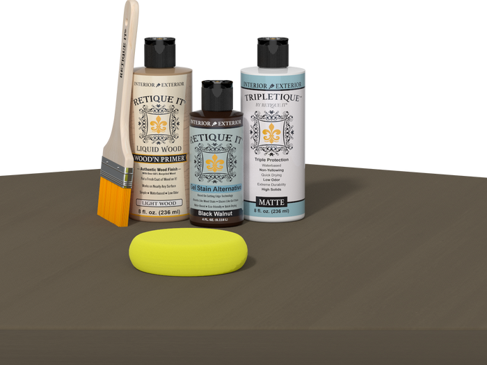 Retique It refinishing kit with Light Wood primer, Black Walnut gel stain alternative, matte Tripletique topcoat, a brush and yellow sponge.