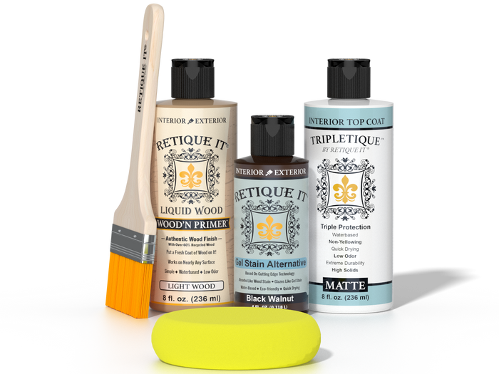 Retique It® Black Walnut kit with brush, Wood’n Primer, Black Walnut stain alternative, matte top coat, and yellow sponge.