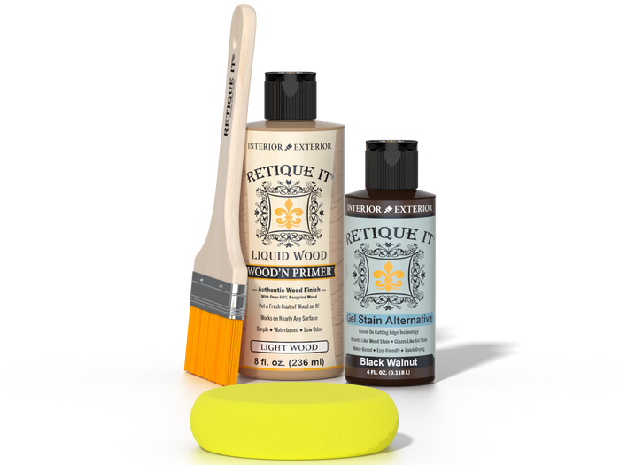 Retique It Black Walnut Kit with Light Wood Wood'n Primer, Black Walnut Gel Stain Alternative, paintbrush, and yellow sponge.