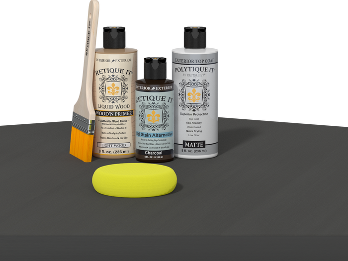Retique It refinishing kit with Light Wood primer, Charcoal gel stain alternative, matte Polytique It topcoat, a brush and yellow sponge.