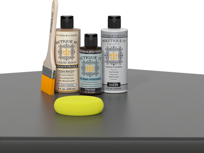 Retique It® Charcoal Brush-On Kit with Satin PolyTique® includes a brush, Light Wood primer, Charcoal Gel Stain Alternative, Satin PolyTique® top coat, and a yellow sponge.