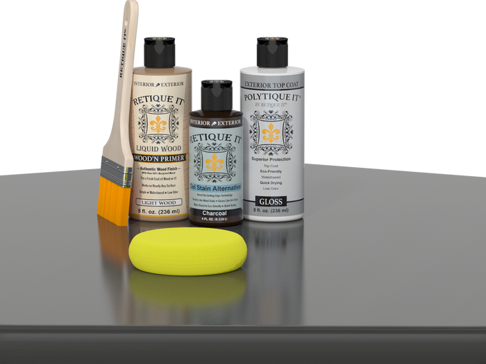 Retique It® Charcoal Brush-On Kit with Gloss PolyTique® includes a brush, Light Wood primer, Charcoal Gel Stain Alternative, Gloss PolyTique® top coat, and a yellow sponge.