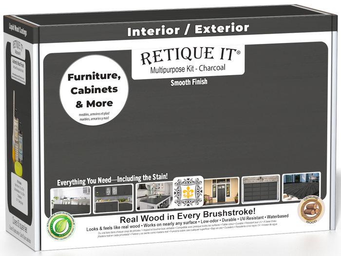 Retique It® Charcoal Brush-On Multipurpose Kit box featuring a charcoal finish and project examples for furniture, cabinets, doors, decks, and more.