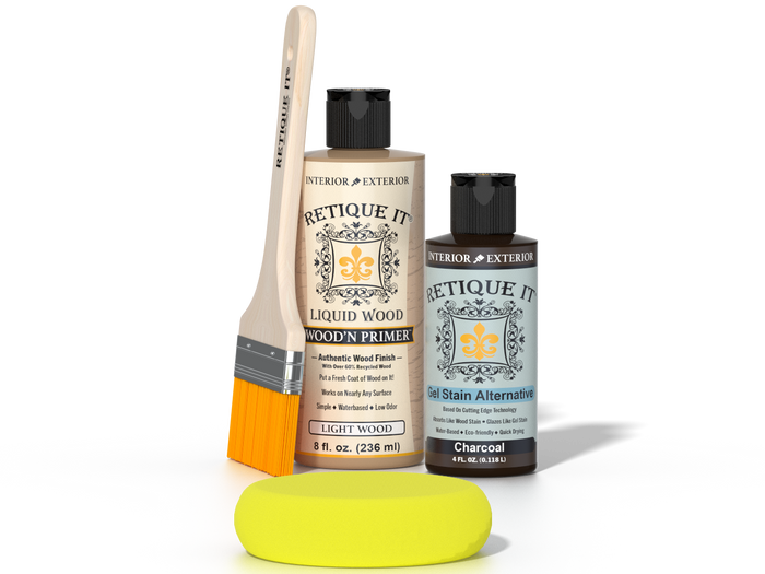 Retique It® Charcoal Brush-On Kit includes a brush, Light Wood primer, Charcoal Gel Stain Alternative, and a yellow sponge.
