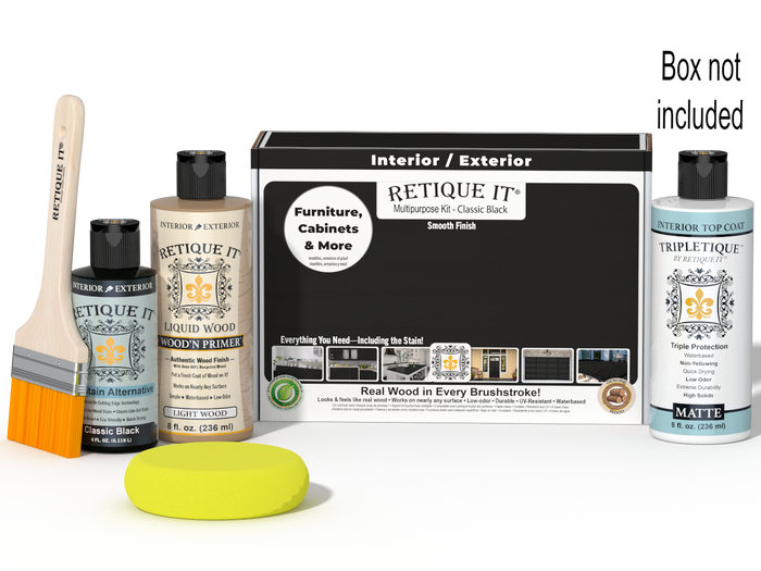 Retique It® Multipurpose Kit - Classic Black with primer, gel stain alternative, matte topcoat, brush, roller, yellow sponge, and red graining tools beside the box.