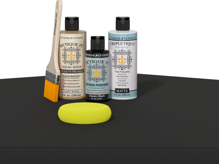 Retique It refinishing kit with Light Wood primer, Classic Black gel stain alternative, matte Tripletique topcoat, a brush and yellow sponge.