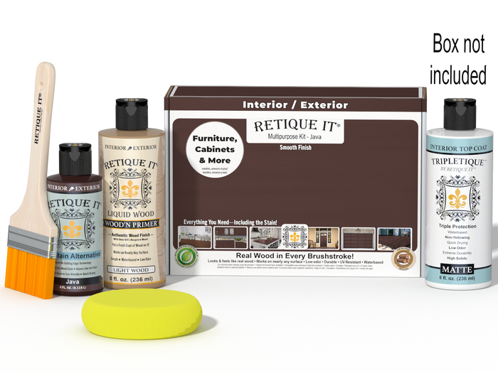 Retique It® Multipurpose Kit - Java with primer, gel stain alternative, matte topcoat, brush, sponge, and packaging.