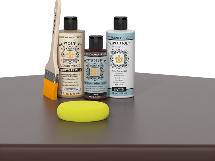 Retique It® Light Wood Wood’n Primer with Java Gel Stain Alternative, satin topcoat, brush, and yellow sponge on a tabletop.