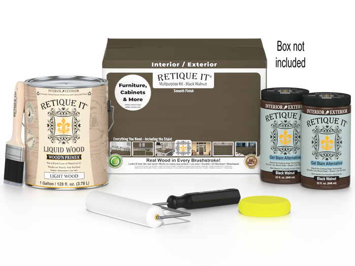 Retique It Black Walnut Multi-purpose Smooth Finish Kit with four large containers for wood finishing projects.