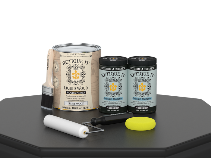 Retique It Multi-purpose Smooth Finish Kit in classic black with four large wood finishing tools, shown on a table.