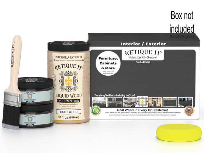 Large Charcoal Wood'n Finish Kit by Retique It includes tools for smooth finishing on wood surfaces.