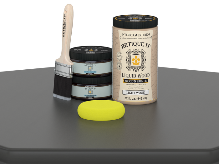 Retique It Multi-purpose Smooth Finish Kit (Large) in Charcoal for wood finishing, shown in a table setting.