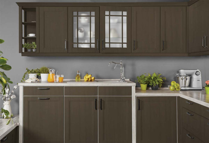 Retique It Multi-purpose Smooth Finish Kit (Large) in Charcoal for wood and cabinet refinishing, shown on kitchen cabinets.