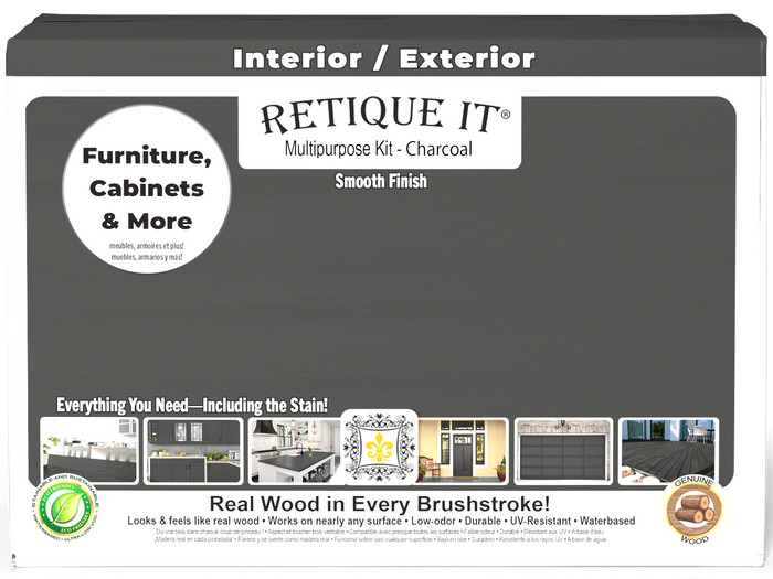 Large Charcoal Wood'n Finish Kit by Retique It featuring smooth finish tools and products in a sturdy box.