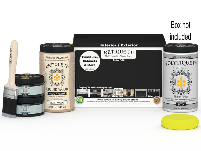 Retique It Multi-purpose Smooth Finish Kit in classic black for wood, exterior top coat, includes large kit and applicator tools.