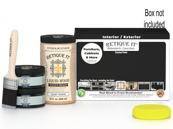 Large black wood finish kit by Retique It with smooth finish, includes brushes and accessories for versatile wood projects.
