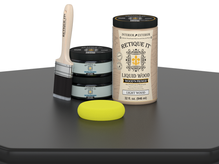 Large black wood finish kit from Retique It for smooth, multi-purpose wood finishing projects, shown in a tabletop image.