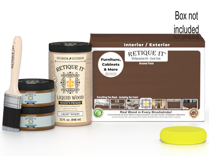 Large Dark Oak Wood'n Finish Kit by Retique It for multi-purpose wood finishing projects, includes smooth finish tools and supplies.