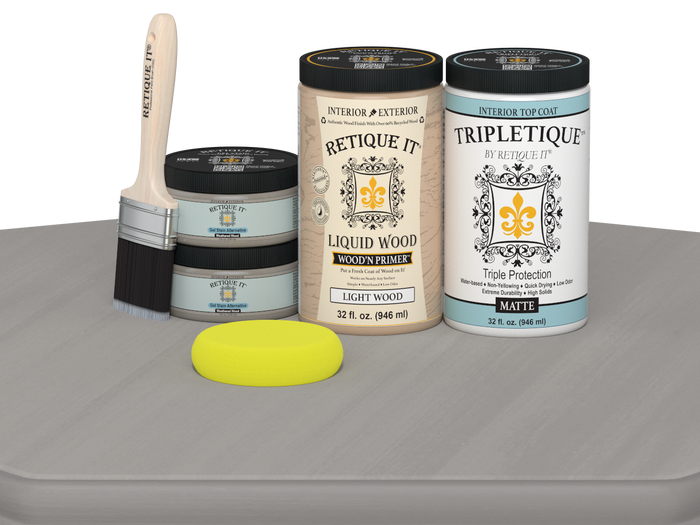 Large Weathered Wood Multi-purpose Smooth Finish Kit by Retique It for interior wood top coating, matte finish, includes application tools.