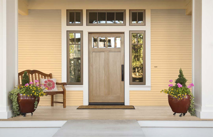 Retique It wood finish kit for large weathered wood interior doors with smooth, top-coat finish shown on front door.