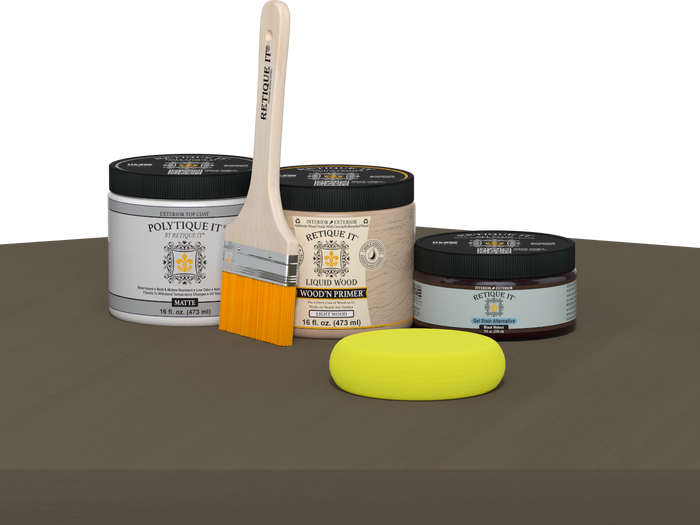 Retique It refinishing kit with Light Wood primer, Black Walnut gel stain alternative, matte Polytique It topcoat, a brush and yellow sponge.