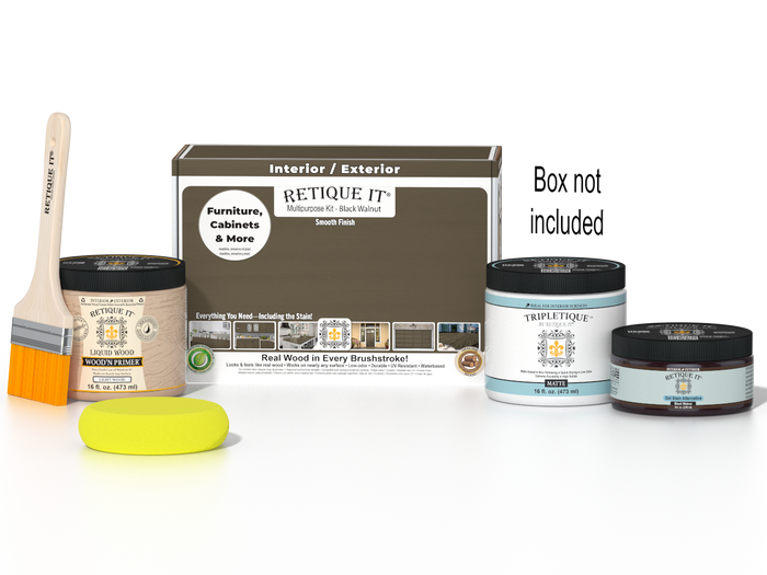 Retique It® Black Walnut Brush-On Kit with Matte TripleTique® shown with the Black Walnut Multipurpose Kit box, brush, Light Wood primer, Black Walnut Gel Stain Alternative, Matte TripleTique® top coat, and a yellow sponge.