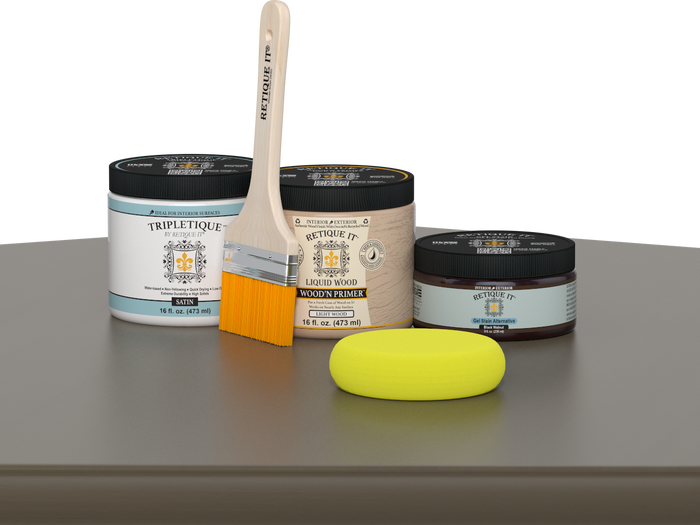Retique It® Black Walnut Brush-On Kit with Satin TripleTique® includes a brush, Light Wood primer, Black Walnut Gel Stain Alternative, Satin TripleTique® top coat, and a yellow sponge.