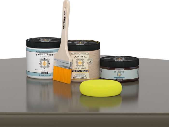 Retique It® Black Walnut Brush-On Kit with Gloss TripleTique® includes a brush, Light Wood primer, Black Walnut Gel Stain Alternative, Gloss TripleTique® top coat, and a yellow sponge.