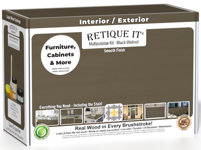 Retique It® Black Walnut Brush-On Multipurpose Kit box featuring a black walnut finish and project examples for furniture, cabinets, doors, decks, and more.