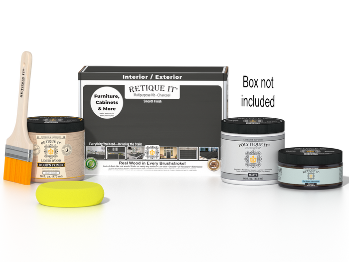 Retique It® Charcoal Brush-On Kit shown with the Charcoal Multipurpose Kit box, brush, Light Wood primer, Charcoal Gel Stain Alternative, Matte PolyTique® top coat, and a yellow sponge.
