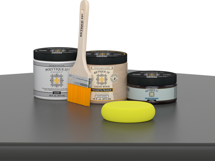 Retique It® Charcoal Brush-On Kit with Satin PolyTique® includes a brush, Light Wood primer, Charcoal Gel Stain Alternative, Satin PolyTique® top coat, and a yellow sponge.
