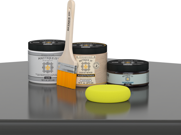 Retique It® Charcoal Brush-On Kit with Gloss PolyTique® includes a brush, Light Wood primer, Charcoal Gel Stain Alternative, Gloss PolyTique® top coat, and a yellow sponge.