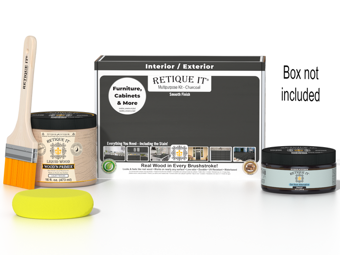 Retique It® Charcoal Brush-On Kit shown with the Charcoal Multipurpose Kit box, brush, Light Wood primer, Charcoal Gel Stain Alternative, and a yellow sponge.