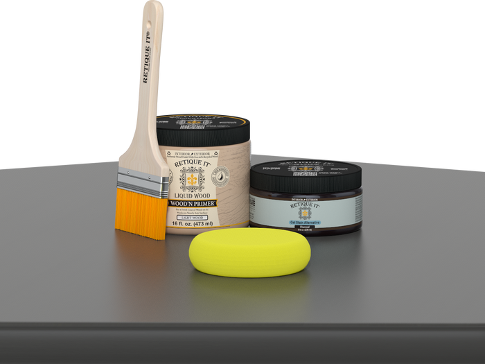 Retique It® Charcoal Brush-On Kit includes a brush, Light Wood primer, Charcoal Gel Stain Alternative, and a yellow sponge.