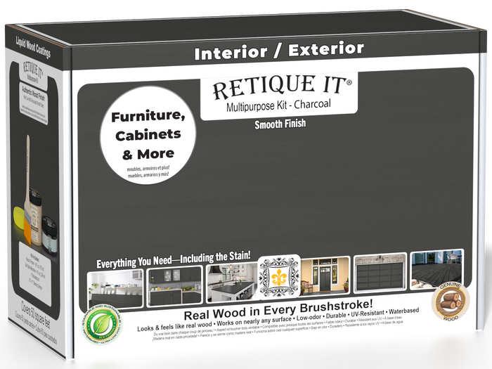 Retique It® Charcoal Brush-On Multipurpose Kit box featuring a charcoal finish and project examples for furniture, cabinets, doors, decks, and more.