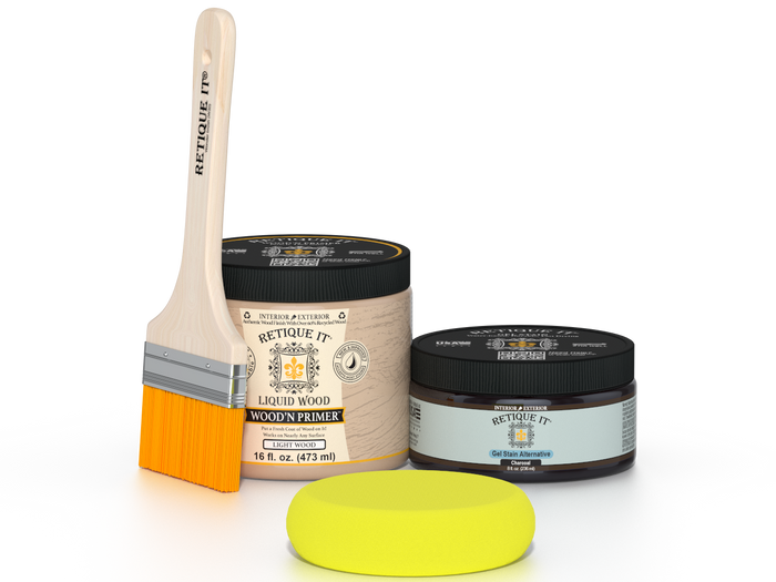 Retique It® Charcoal Brush-On Kit includes a brush, Light Wood primer, Charcoal Gel Stain Alternative, and a yellow sponge.