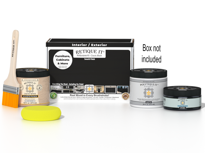Retique It® Classic Black Brush-On Kit shown with the Classic Black Multipurpose Kit box, brush, Light Wood primer, Classic Black Gel Stain Alternative, Matte PolyTique® top coat, and a yellow sponge.