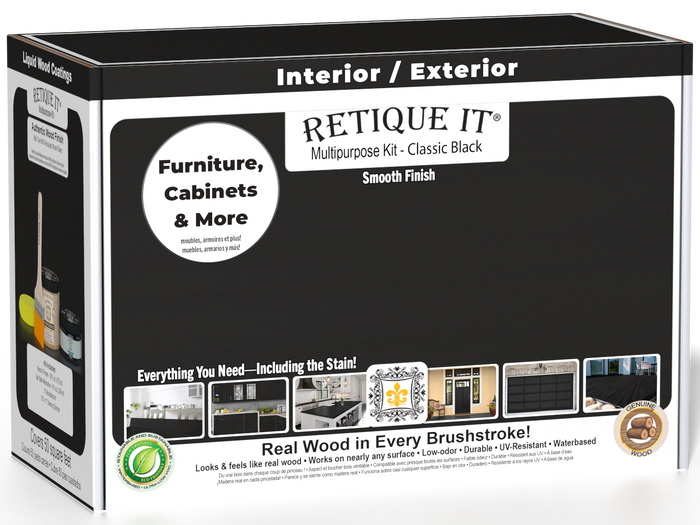 Retique It® Classic Black Brush-On Multipurpose Kit box featuring a classic black finish and project examples for furniture, cabinets, doors, decks, and more.