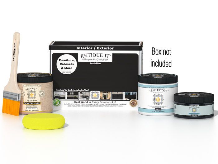 Retique It® Classic Black Brush-On Kit shown with the Classic Black Multipurpose Kit box, brush, Light Wood primer, Classic Black Gel Stain Alternative, Matte TripleTique® top coat, and a yellow sponge.