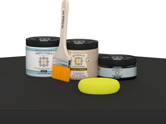 Retique It refinishing kit with Light Wood primer, Classic Black gel stain alternative, matte Tripletique topcoat, a brush and yellow applicator sponge.
