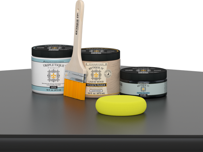 Retique It® Classic Black Brush-On Kit with Satin TripleTique® includes a brush, Light Wood primer, Classic Black Gel Stain Alternative, Satin TripleTique® top coat, and a yellow sponge.